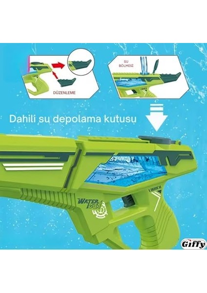 Oyuncak Otomatik Pilli Su Tabancası 10 Metreye Kadar Atış Atma Menzilli 800 ml Kapasiteli 40 cm Boyutunda (Yeşil) fiyatları