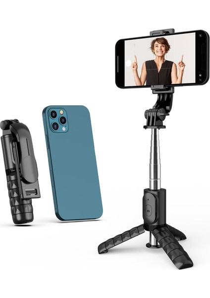 Snapshot 2’si 1 Arada Bluetooth Selfie Stick – Kablosuz Uzaktan Kumandalı, 360° Döner Telefon Tutucu, Paslanmaz Çelik Gövde, Taşınabilir & Katlanabilir Tasarım | Q11