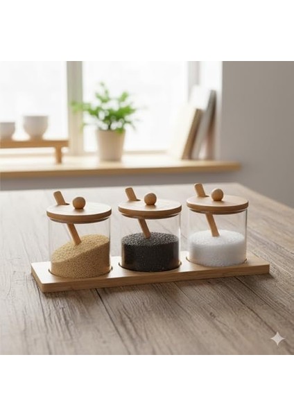 Cam Baharatlık Seti Bambu Standlı Kapaklı Kaşıklı Şık 3 Parça, 3&apos;lü Cam Baharatlık | Şık ve Fonksiyonel Bambu Standlı - Mutfakta Estetiği Yakalayın!