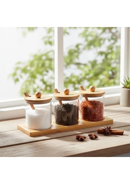 Cam Baharatlık Seti Bambu Standlı Kapaklı Kaşıklı Şık 3 Parça, 3&apos;lü Cam Baharatlık | Şık ve Fonksiyonel Bambu Standlı - Mutfakta Estetiği Yakalayın! fiyatları