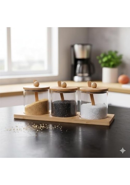 Cam Baharatlık Seti Bambu Standlı Kapaklı Kaşıklı Şık 3 Parça, 3&apos;lü Cam Baharatlık | Şık ve Fonksiyonel Bambu Standlı - Mutfakta Estetiği Yakalayın! modelleri