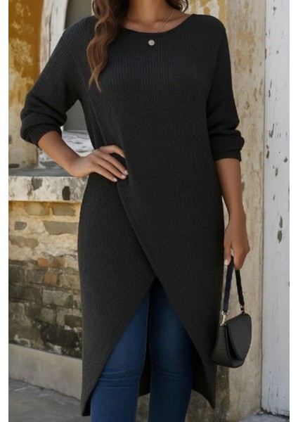 Asimetrik Kesim Midi Triko Elbise - Siyah fiyatları