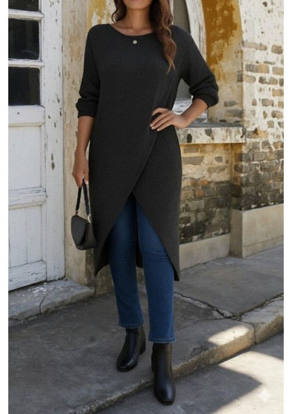 Asimetrik Kesim Midi Triko Elbise - Siyah modelleri