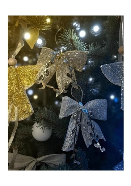 Yılbaşı Süsü, Melek Figürlü Yılbaşı Ağacı Süs, Fiyonk Süs, Simli Kumaş, 4&apos;lü Set, Altın ve Gümüş Renk Melek Set