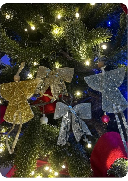 Yılbaşı Süsü, Melek Figürlü Yılbaşı Ağacı Süs, Fiyonk Süs, Simli Kumaş, 4&apos;lü Set, Altın ve Gümüş Renk Melek Set modelleri