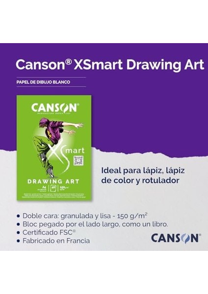 Canson Xsmart Çizim Kağıdı, Beyaz, Çift Taraflı: Dokulu ve Yumuşak, 150 G/m², Uzun Taraflı Yapışkan Blok, A4 – 21 x 29,7 Cm, Beyaz, 40 Yaprak fiyatları