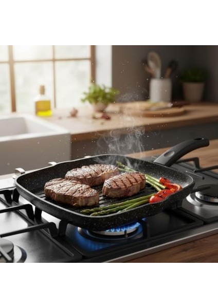 Alüminyum Döküm Kare Izgara Tavası | Granit Kaplama Yapışmaz Yüzeyli | Et, Tavuk ve Sebze Için Ideal Mutfak Izgarası | 29CMX29CM Siyah modelleri