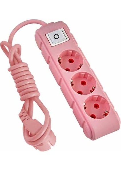 3lü Anahtarlı Grup Priz 3 Metre 16A 250V, Üçlü Topraklı Uzatma Kablosu 3 Metre (Pembe)
