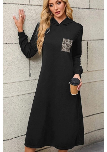 Kapüşonlu Leopar Cep Detaylı Viskon Iki Iplik Elbise - Füme