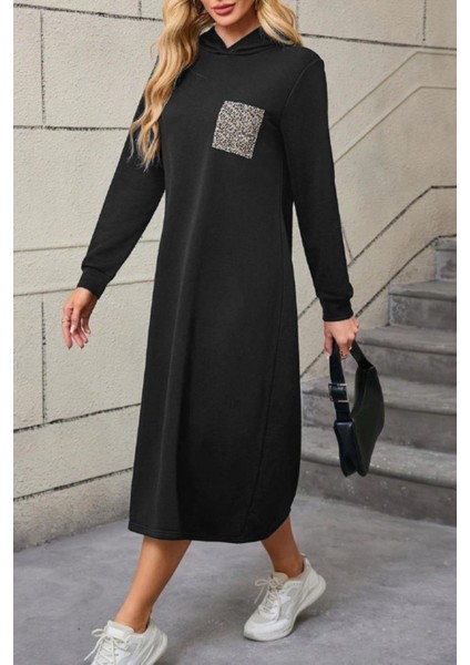 Kapüşonlu Leopar Cep Detaylı Viskon Iki Iplik Elbise - Füme fiyatları