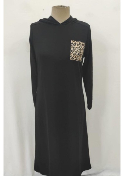 Kapüşonlu Leopar Cep Detaylı Viskon Iki Iplik Elbise - Füme fırsatları