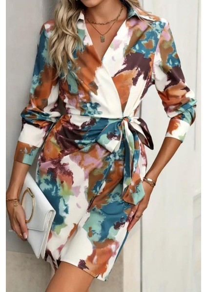 Yakalı Yandan Bağlamalı Mini Modal Elbise - Desenli