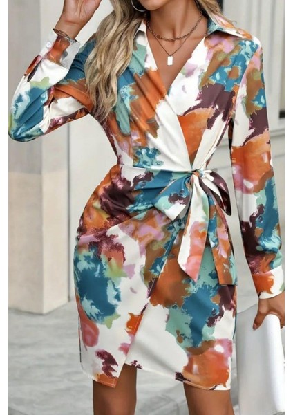 Yakalı Yandan Bağlamalı Mini Modal Elbise - Desenli fiyatları