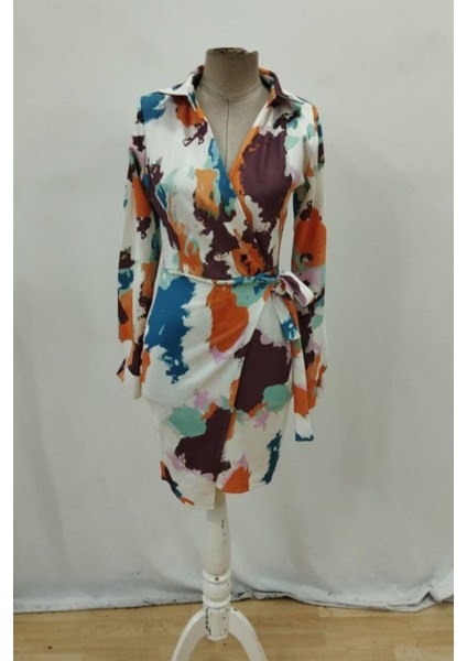 Yakalı Yandan Bağlamalı Mini Modal Elbise - Desenli fırsatları