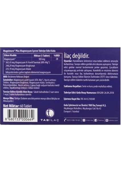 Magnimore Plus Magnezyum 60 Tablet N-Asetil Taurinat Bisglisinat Malat modelleri