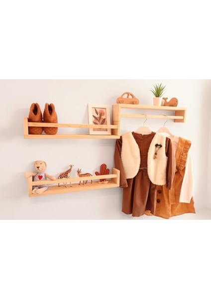 Ahşap Bebek ve Çocuk Duvara Monte 3&apos;lü Raf Seti, Kitaplık, Oturma, Yatak, Mutfak, Banyo Rafı 50 cm Genişlik, 10 cm Yükseklik, 8 cm Derinlik