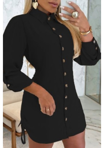 Gömlek Yaka Önden Düğmeli Yanlardan Büzgülü Kısa Aerobin Elbise Siyah