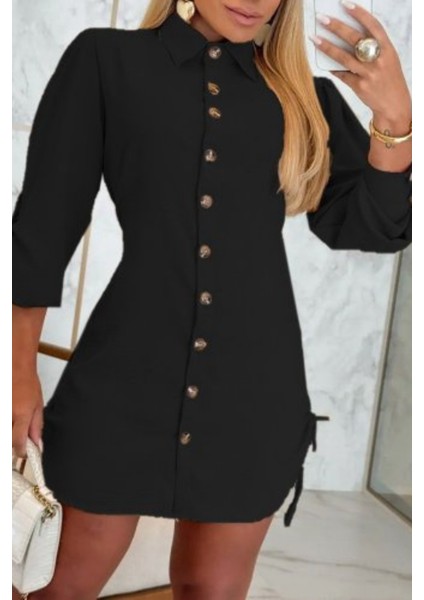 Gömlek Yaka Önden Düğmeli Yanlardan Büzgülü Kısa Aerobin Elbise Siyah fiyatları