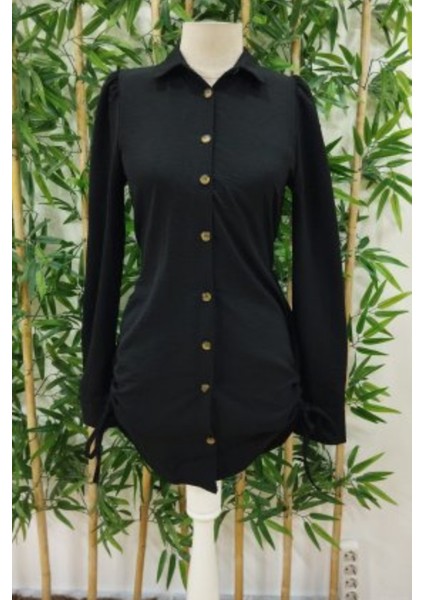 Gömlek Yaka Önden Düğmeli Yanlardan Büzgülü Kısa Aerobin Elbise Siyah fırsatları