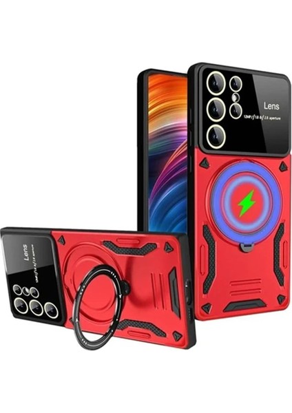 Samsung Galaxy S24 Ultra Kılıf Joy Lens Standlı Kapak - Kırmızı