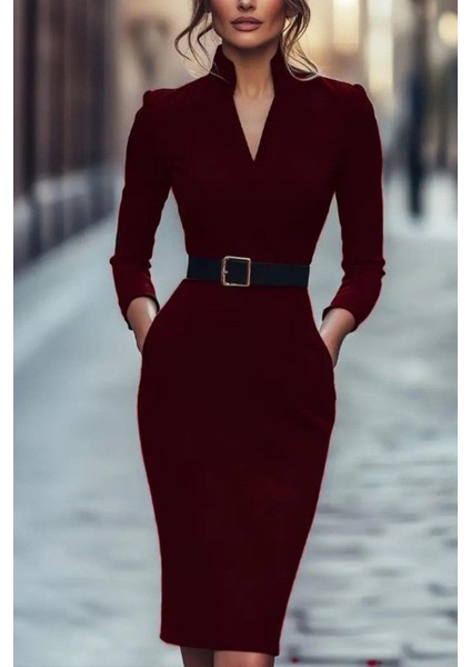 Hakim Yaka Kemerli Midi Ithal Krep Elbise - Bordo