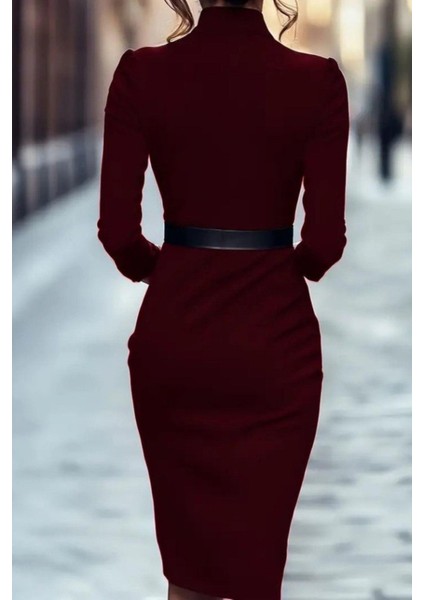 Hakim Yaka Kemerli Midi Ithal Krep Elbise - Bordo fiyatları