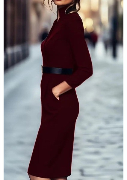 Hakim Yaka Kemerli Midi Ithal Krep Elbise - Bordo modelleri