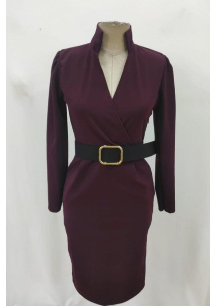 Hakim Yaka Kemerli Midi Ithal Krep Elbise - Bordo fırsatları