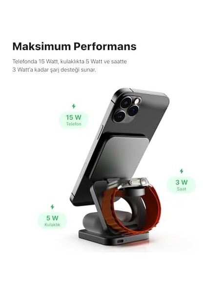 Smart Kablosuz Şarj Standı 3&apos;ü Bir Arada Mag Safe ile Uyumlu Qi2 15W Hızlı Şarj Cihazı X6402