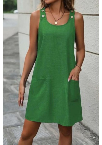 Cepli ve Düğme Detaylı Omuz Askılı Keten Elbise - Yeşil