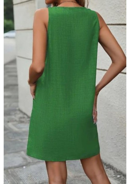 Cepli ve Düğme Detaylı Omuz Askılı Keten Elbise - Yeşil fiyatları