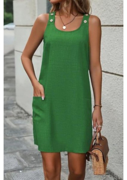 Cepli ve Düğme Detaylı Omuz Askılı Keten Elbise - Yeşil modelleri