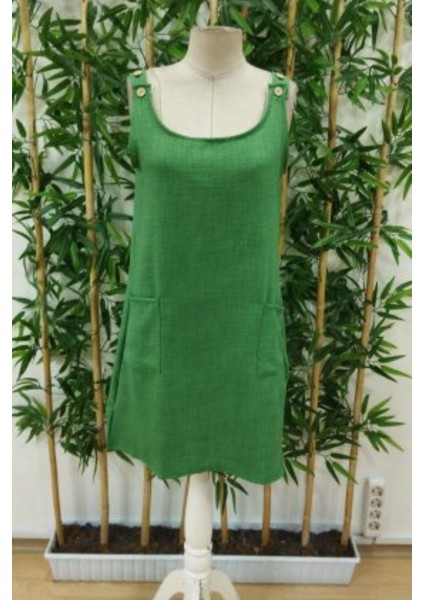 Cepli ve Düğme Detaylı Omuz Askılı Keten Elbise - Yeşil fırsatları