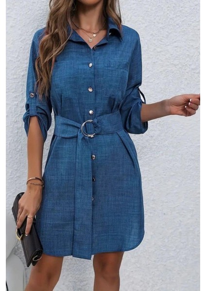 Düğmeli Kuşak Detaylı Ithal Keten Elbise - Mavi fiyatları