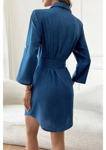 Düğmeli Kuşak Detaylı Ithal Keten Elbise - Mavi modelleri
