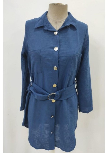 Düğmeli Kuşak Detaylı Ithal Keten Elbise - Mavi fırsatları