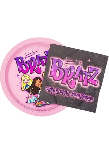 Silver Buffalo Bratz Dolls 32 Parça Mor Kağıt Peçete ve Tabak Parti Paketi Yasmin, Sasha, Jade ve Cloe modelleri