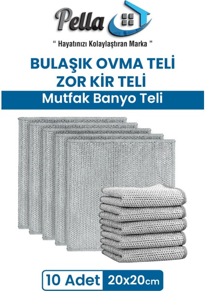 10’lu Hijyenik Bulaşık Ovma Teli- Çift Katlı Zor Kir ve Yağ Çözücü (20X20 Cm)