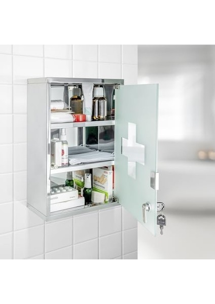 Ecza Dolabı, Kilitlenebilir, Paslanmaz Çelik, 30 x 40 x 12 Cm, Parlak modelleri