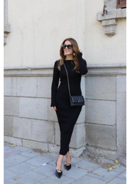 Uzun Kollu Yuvarlak Yaka Kadın Akrilik Elbise Siyah