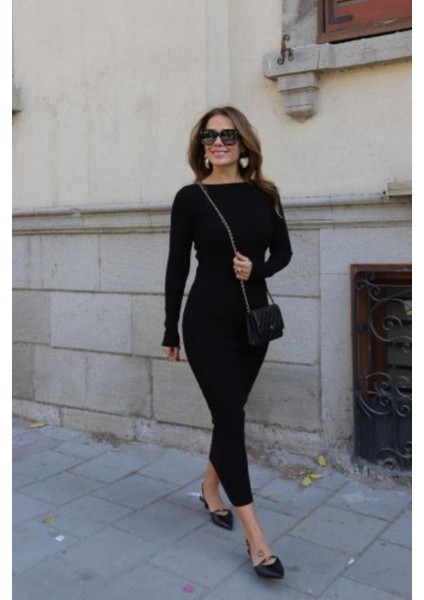 Uzun Kollu Yuvarlak Yaka Kadın Akrilik Elbise Siyah fiyatları