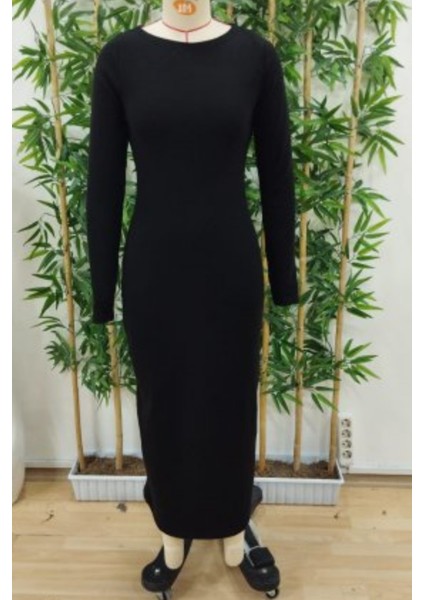 Uzun Kollu Yuvarlak Yaka Kadın Akrilik Elbise Siyah modelleri
