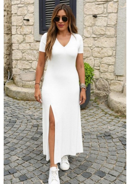 V Yaka Yırtmaç Detaylı Kısa Kollu Maxi Elbise - Beyaz fiyatları