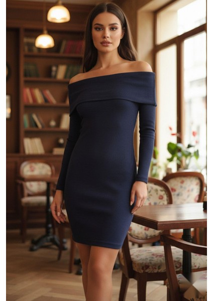 Madonna Yaka Fitilli Elbise Lacivert