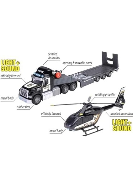 , 213716002, Kamyon & Helikopteri, Serbest Tekerlek, Die-Cast (Metal), Airbus H135, Işıklı & Sesli, Vinç, Kauçuk Lastikler, 1:43, 35 cm modelleri