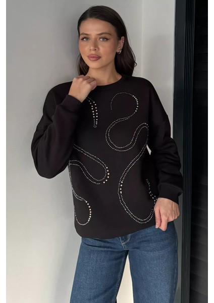 Kadın Taşlı Bisiklet Yaka Şardonlu Sweatshirt P-00019311