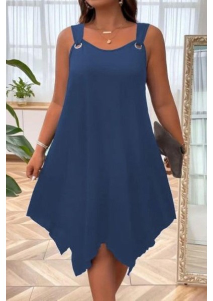 Kuş Gözü Detaylı Asimetrik Kesim Viskon Elbise - Lacivert fiyatları