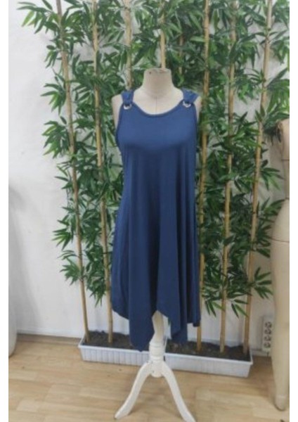 Kuş Gözü Detaylı Asimetrik Kesim Viskon Elbise - Lacivert fırsatları