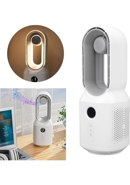 HP-F29 Sessiz Pervanesiz 106 Derece Döner USB Şarjlı Masaüstü Fan – Bluetooth Hoparlör Gece Lambası 3&apos;ü 1 Arada Akıllı Tasarım 33 cm fiyatları