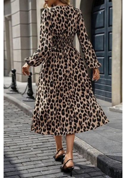 Kruvaze Yaka Bel Oturtmalı Midi Modal Elbise - Leopar modelleri